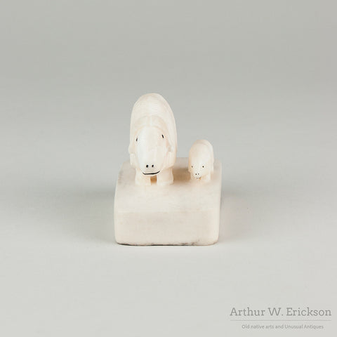Inuit Carved Ivory Musk Ox and Calf by Hubert Kukuluk