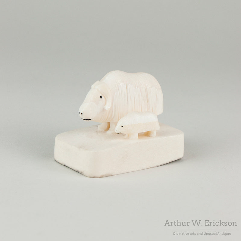 Inuit Carved Ivory Musk Ox and Calf by Hubert Kukuluk