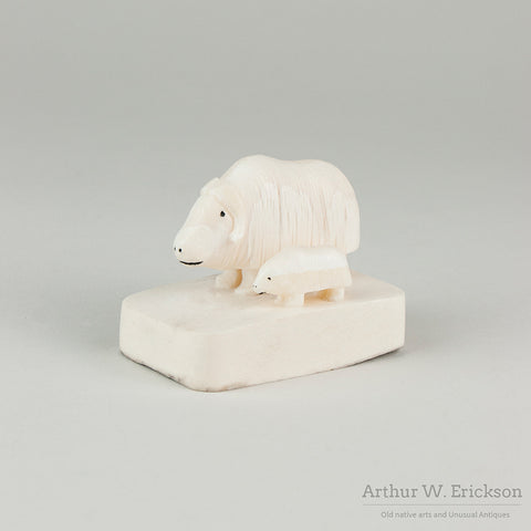 Inuit Carved Ivory Musk Ox and Calf by Hubert Kukuluk