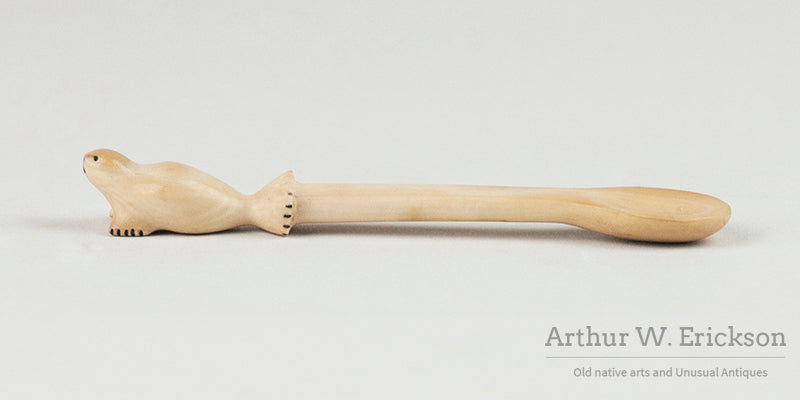 Inuit Carved Walrus Ivory Small Spoon with Seal Handle