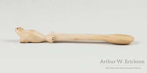 Inuit Carved Walrus Ivory Small Spoon with Seal Handle