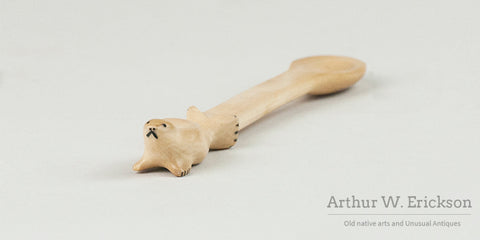 Inuit Carved Walrus Ivory Small Spoon with Seal Handle