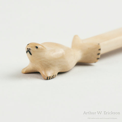 Inuit Carved Walrus Ivory Small Spoon with Seal Handle