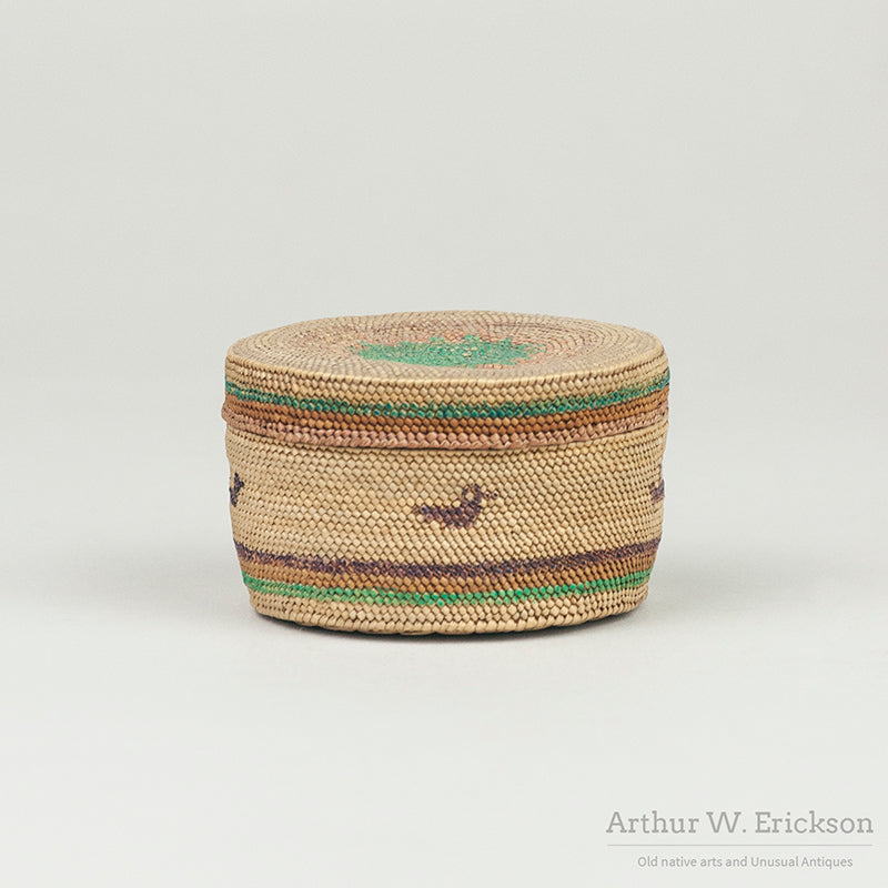 Finely Woven Small Makah Lidded Basket with Birds and Ships