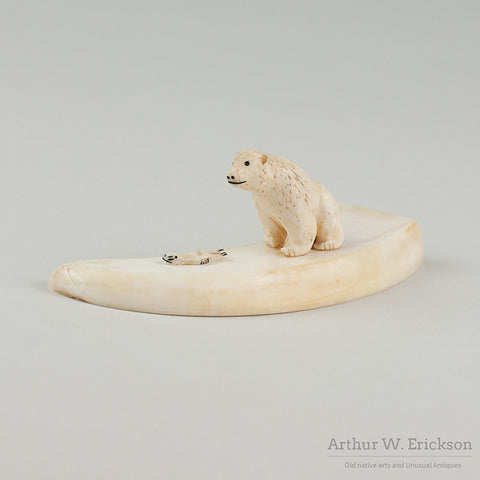 Inuit ivory Carving of a Sitting Bear Before Tiny Seal on Ivory Base