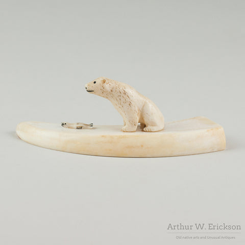 Inuit ivory Carving of a Sitting Bear Before Tiny Seal on Ivory Base