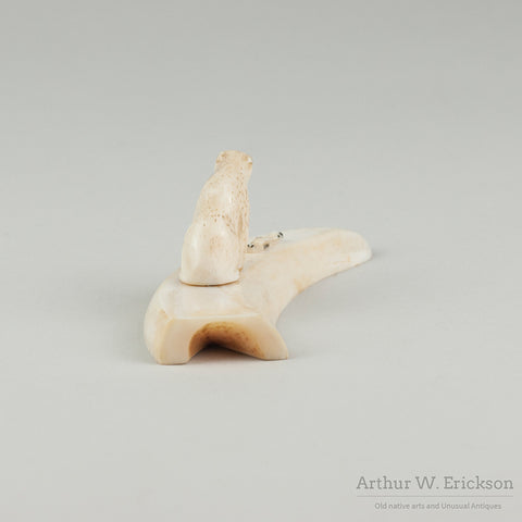 Inuit ivory Carving of a Sitting Bear Before Tiny Seal on Ivory Base