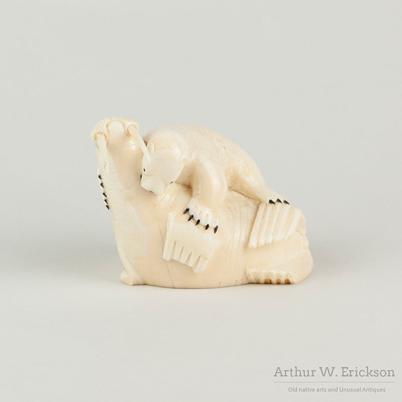Inuit Walrus Ivory Carving of a Polar Bear Attacking a Walrus