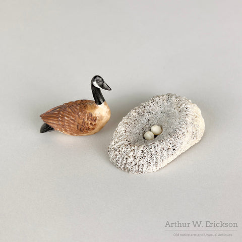 Carved Walrus Ivory Canadian Goose on Nest