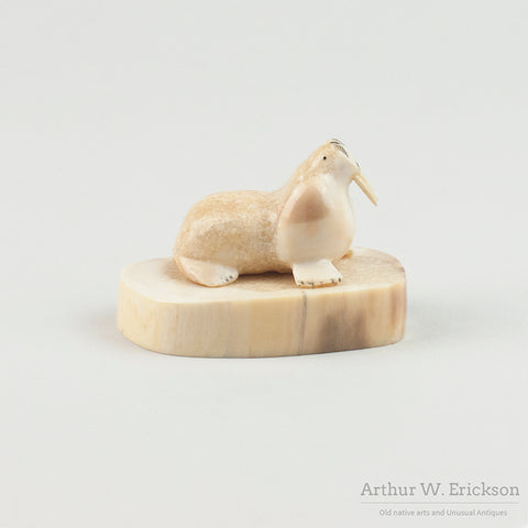 Inuit Carved Ivory Walrus on an Ivory Mount