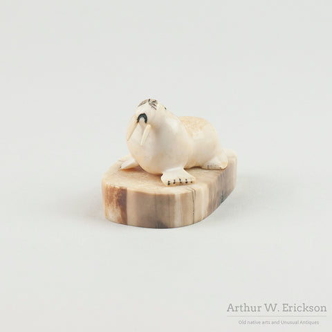 Inuit Carved Ivory Walrus on an Ivory Mount