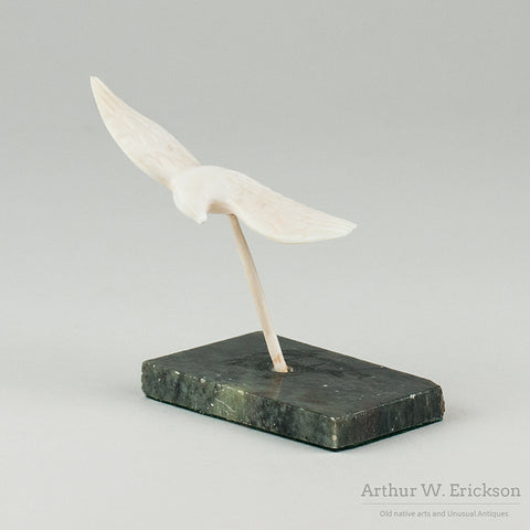 Inuit Carved Walrus Ivory Flying Sea Bird on Pedestal