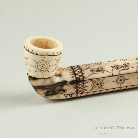 Heavily Scrimshawed Early Eskimo Ivory Pipe.