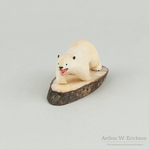 Carved Polar Bear on Walrus Ivory Base