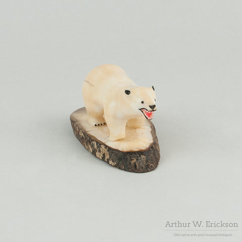 Carved Polar Bear on Walrus Ivory Base