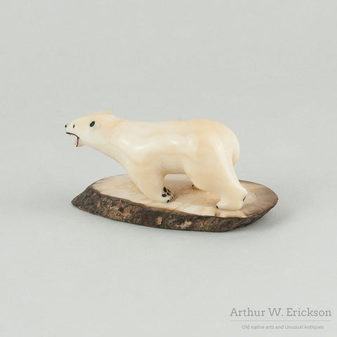Carved Polar Bear on Walrus Ivory Base