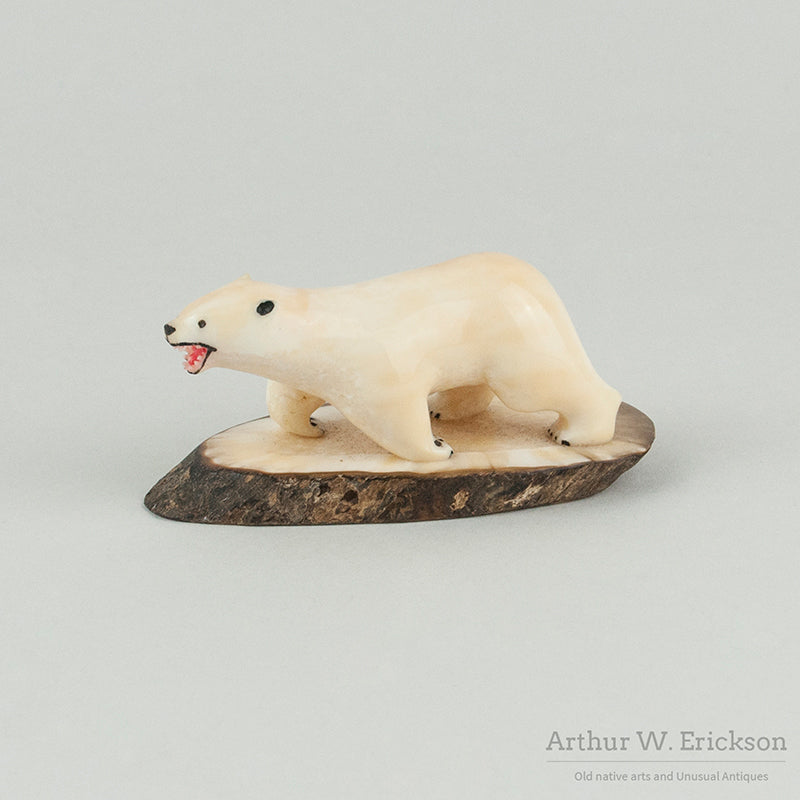 Carved Polar Bear on Walrus Ivory Base