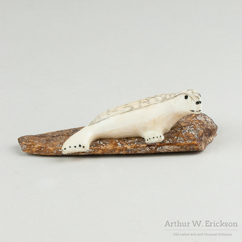 Eskimo Carved Seal on Fossilized Walrus Ivory Base