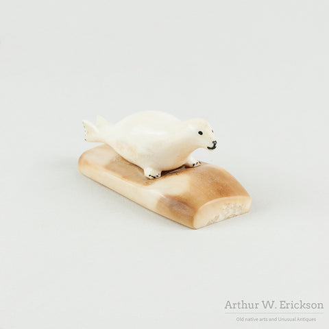 Eskimo Carved Seal on Fossilized Walrus Ivory Base