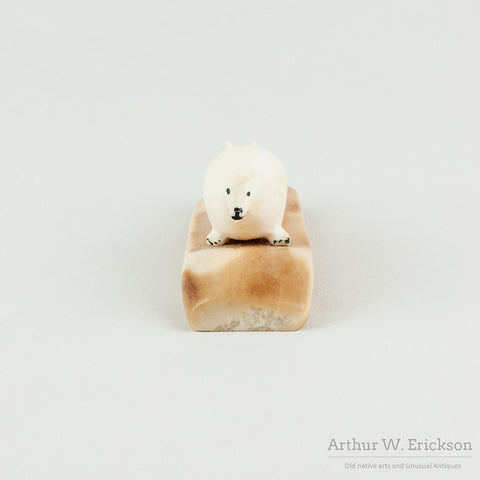 Eskimo Carved Seal on Fossilized Walrus Ivory Base