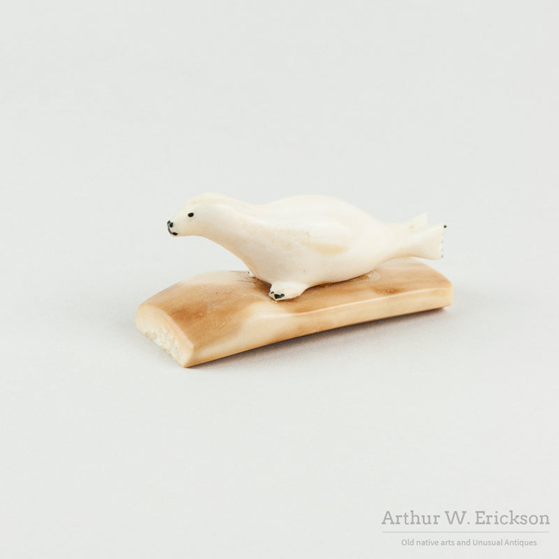 Eskimo Carved Seal on Fossilized Walrus Ivory Base