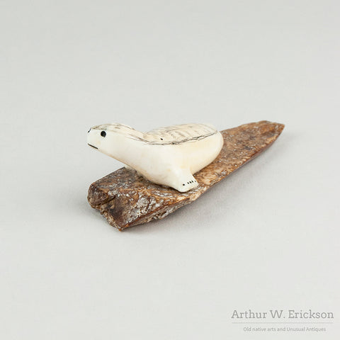 Eskimo Carved Seal on Fossilized Walrus Ivory Base
