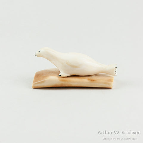 Eskimo Carved Seal on Fossilized Walrus Ivory Base