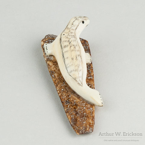 Eskimo Carved Seal on Fossilized Walrus Ivory Base