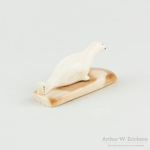 Eskimo Carved Seal on Fossilized Walrus Ivory Base