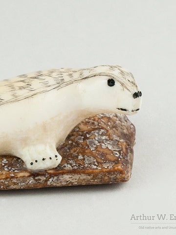 Eskimo Carved Seal on Fossilized Walrus Ivory Base