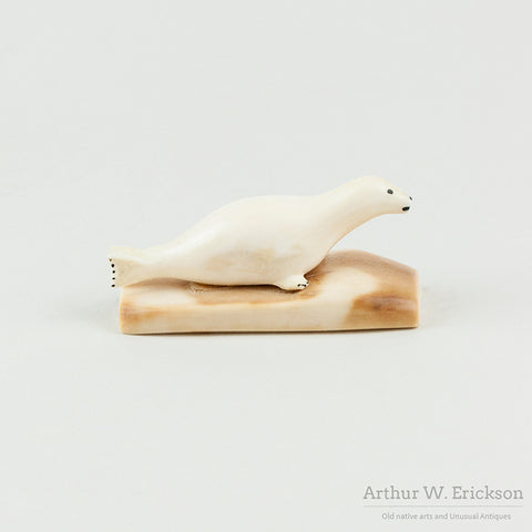Eskimo Carved Seal on Fossilized Walrus Ivory Base