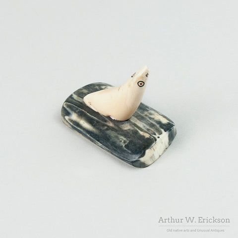 Eskimo Carved Folky Ivory Seal on a Fossilized Ivory Base