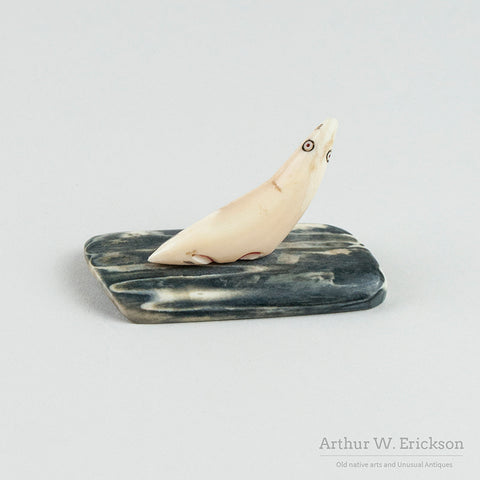Eskimo Carved Folky Ivory Seal on a Fossilized Ivory Base
