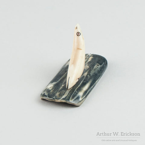 Eskimo Carved Folky Ivory Seal on a Fossilized Ivory Base