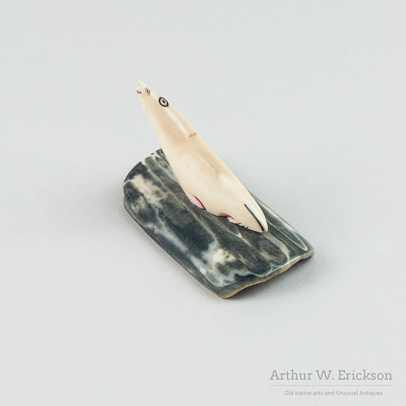 Eskimo Carved Folky Ivory Seal on a Fossilized Ivory Base