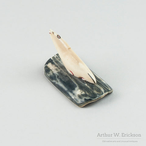 Eskimo Carved Folky Ivory Seal on a Fossilized Ivory Base