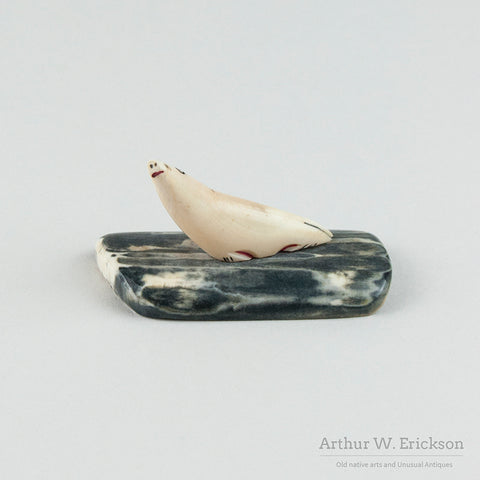 Eskimo Carved Folky Ivory Seal on a Fossilized Ivory Base