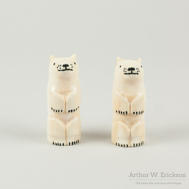 Eskimo Carved Walrus Ivory Polar Bear Salt and Pepper Shakers