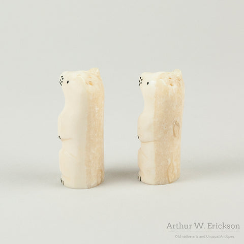 Eskimo Carved Walrus Ivory Polar Bear Salt and Pepper Shakers