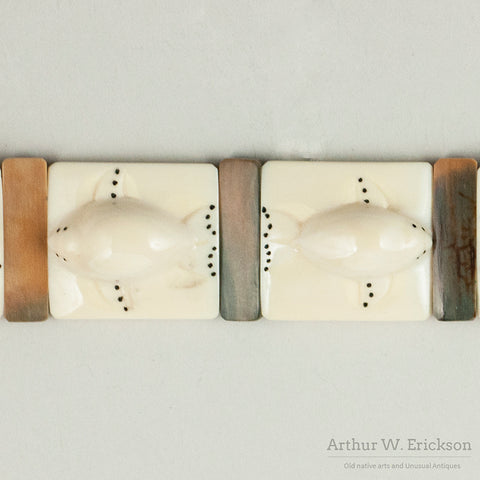 Eskimo Ivory Polar Bear and Seal Carved Watch Band by W. Okpowruk