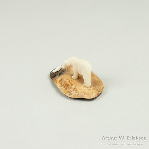 Eskimo Carved Polar Bear and Seal on Fossilized Ivory Base