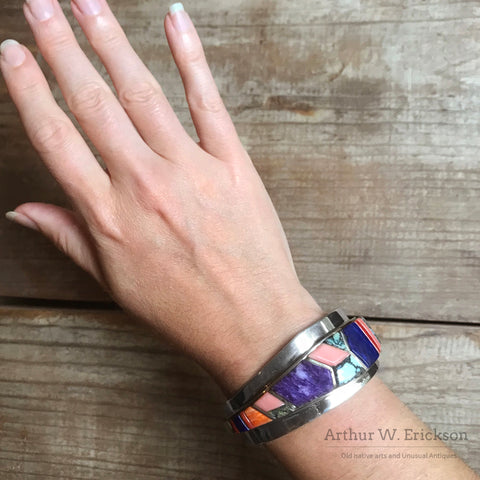 Hopi Phillip Sekaquaptewa Stone Mosaic and Silver Cuff