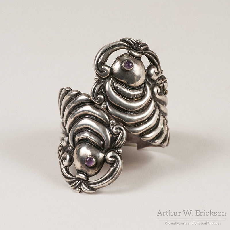 Large Mexican Sterling Silver and Amethyst Shrimp Clamper Bracelet
