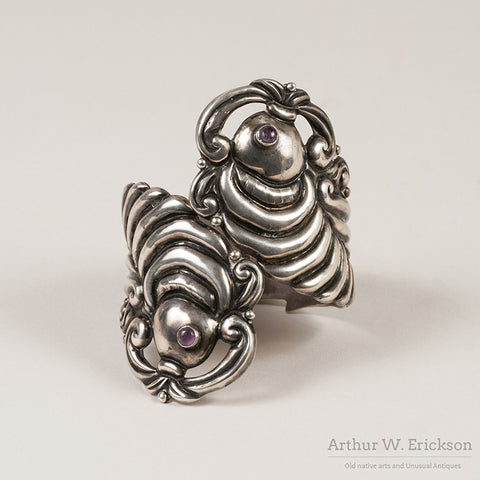 Large Mexican Sterling Silver and Amethyst Shrimp Clamper Bracelet