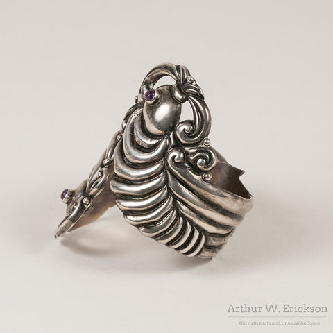 Large Mexican Sterling Silver and Amethyst Shrimp Clamper Bracelet