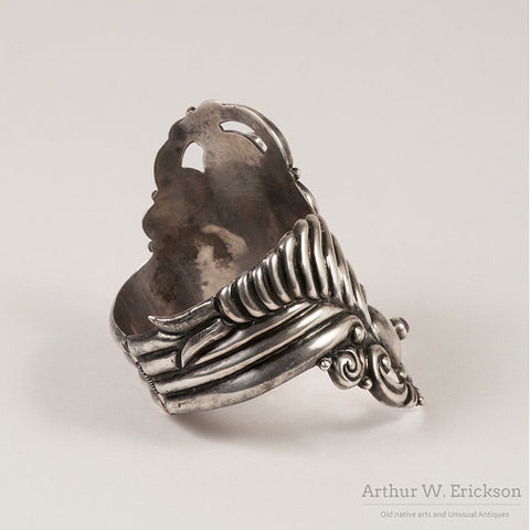 Large Mexican Sterling Silver and Amethyst Shrimp Clamper Bracelet