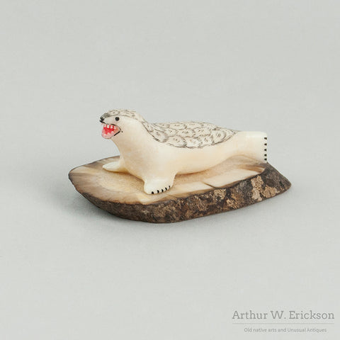 Ivory Harbor Seal on Fossilized Ivory Base