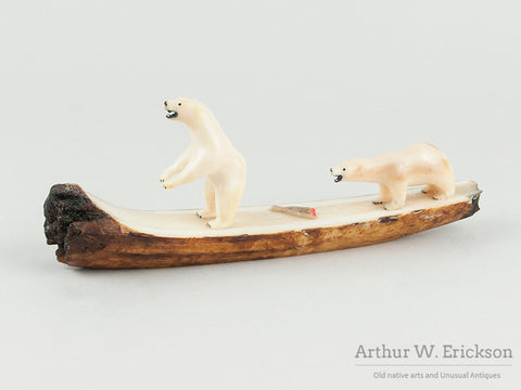 Eskimo Ivory Carving of Two Bears with Lunch on a Fossilized Ivory Mount