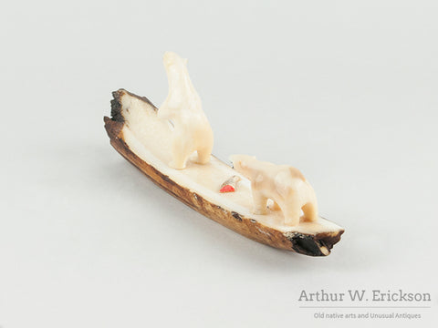 Eskimo Ivory Carving of Two Bears with Lunch on a Fossilized Ivory Mount
