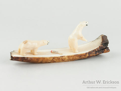 Eskimo Ivory Carving of Two Bears with Lunch on a Fossilized Ivory Mount